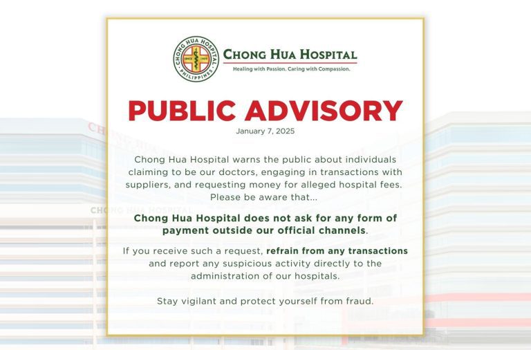 Chong Hua Hospital does not request payment outside official channels